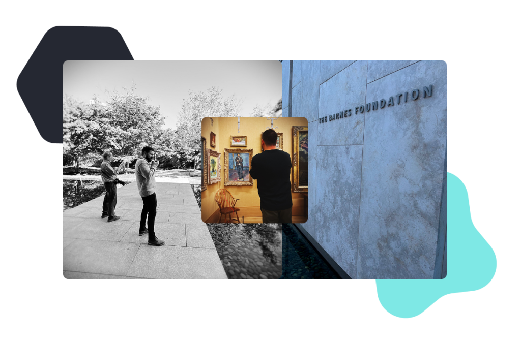 A collage of three images from the Barnes Foundation showcasing galleries and building architecture.